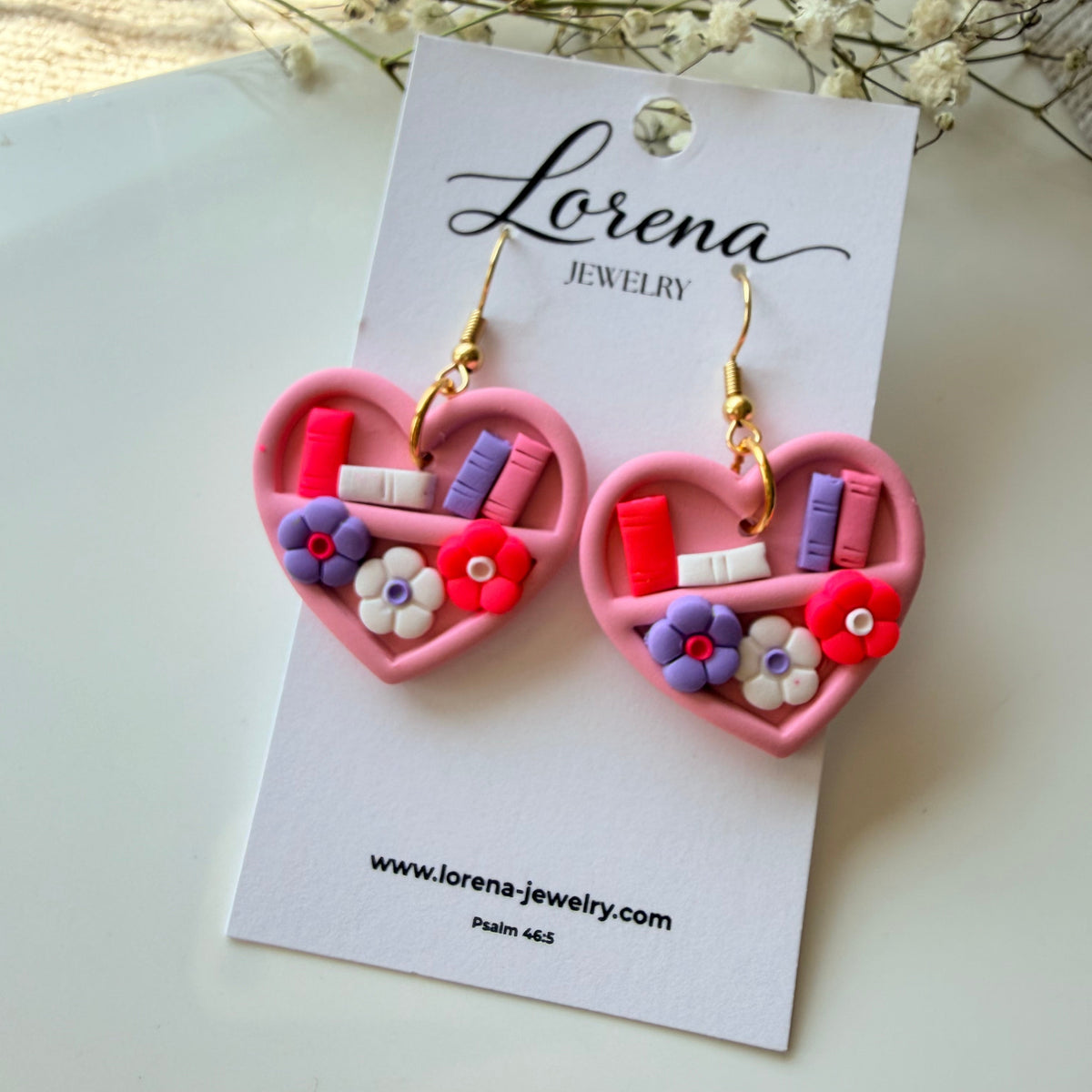 Heart Bookshelf Pink Floral Earrings