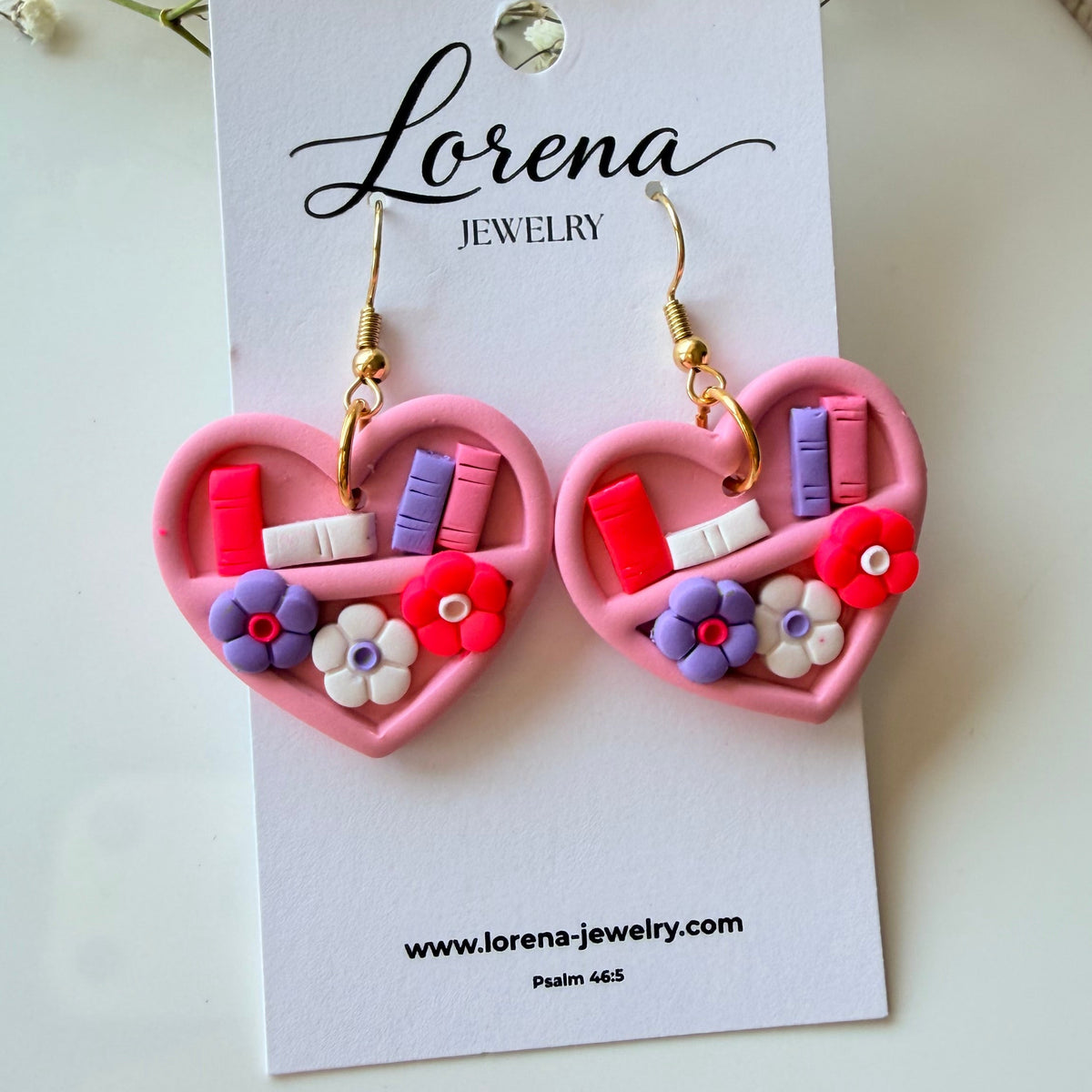 Heart Bookshelf Pink Floral Earrings