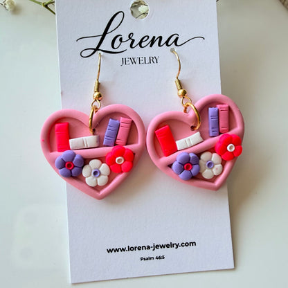 Heart Bookshelf Pink Floral Earrings