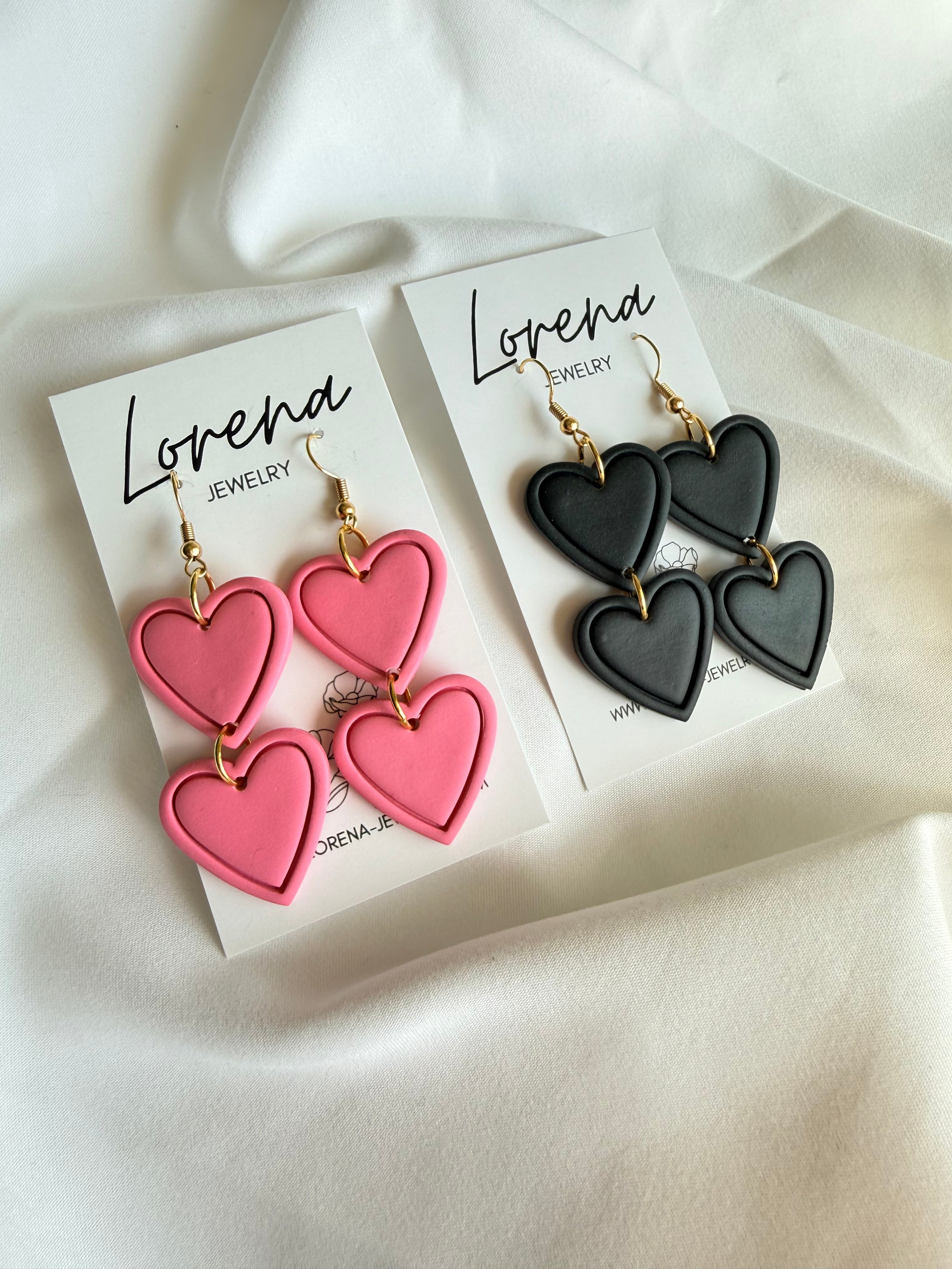 Double Heart Earrings- Pink or Black