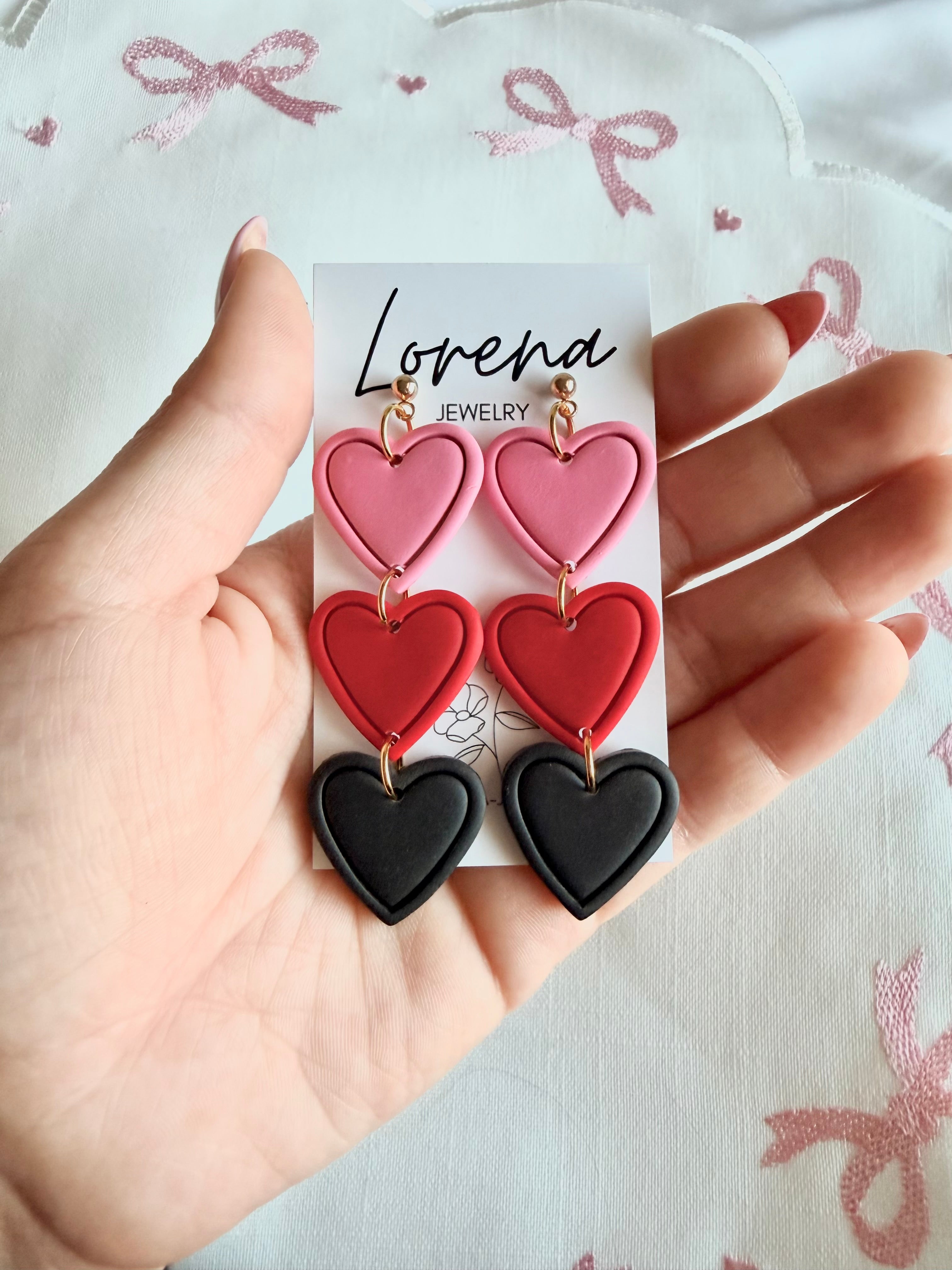 Triple Heart Earrings - Pink, Red, and Black