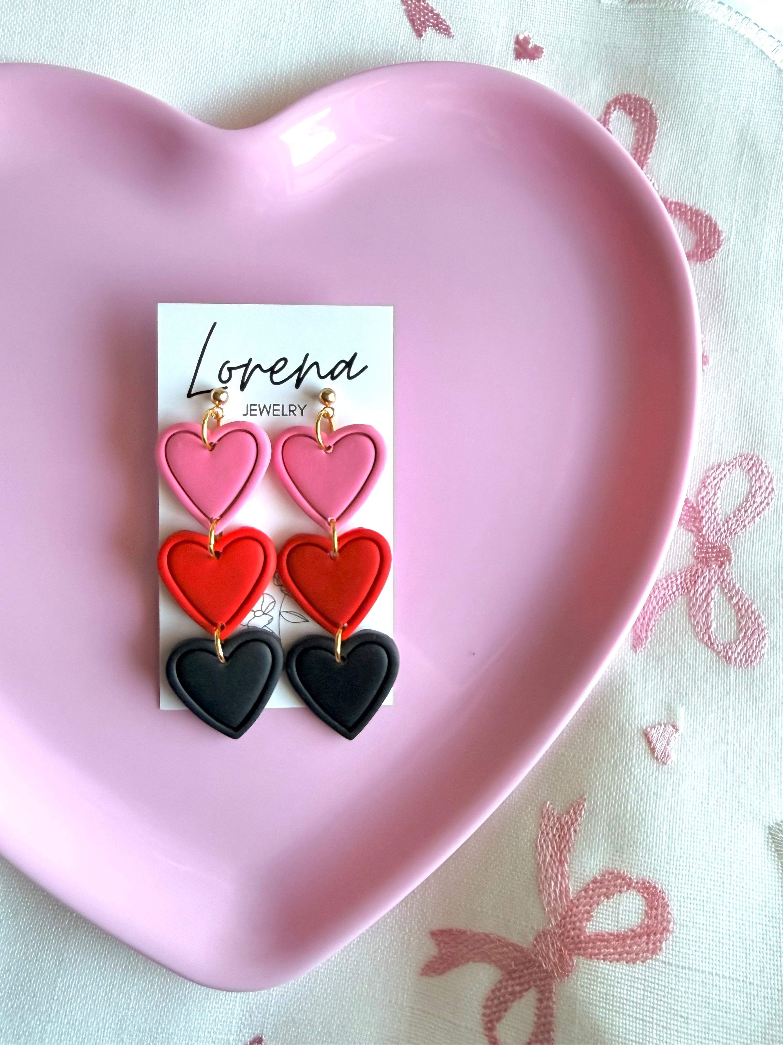 Triple Heart Earrings - Pink, Red, and Black
