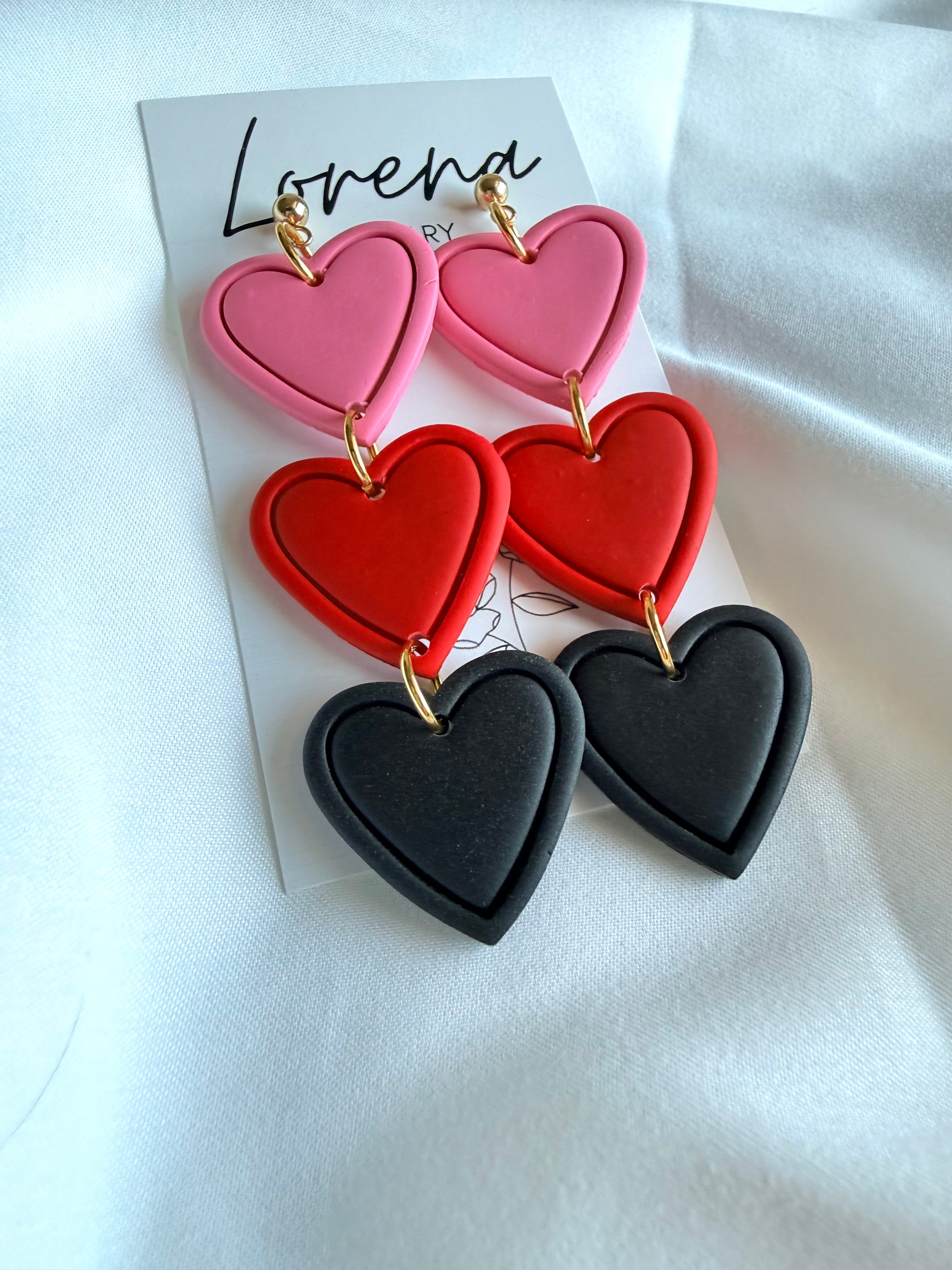 Triple Heart Earrings - Pink, Red, and Black