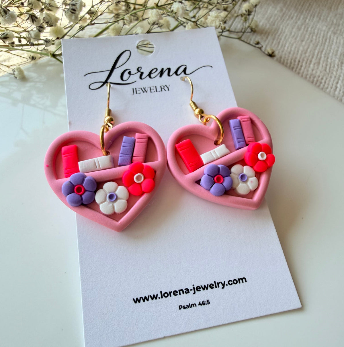 Heart Bookshelf Pink Floral Earrings