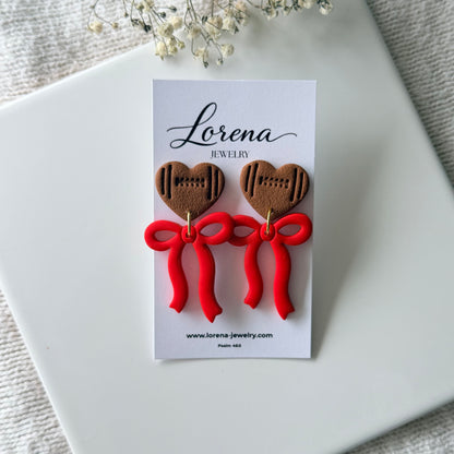 Football Heart With Bow Earrings (Custom Team)