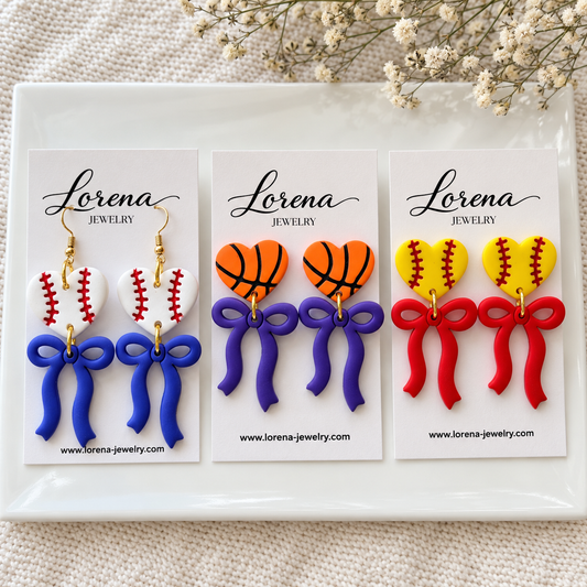 Sports Heart & Bow Earrings – Custom Team Colors