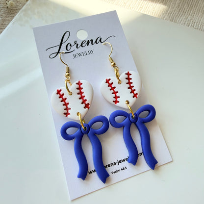 Custom Team Baseball Heart With Bow Earrings