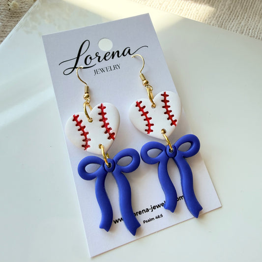 Custom Team Baseball Heart With Bow Earrings