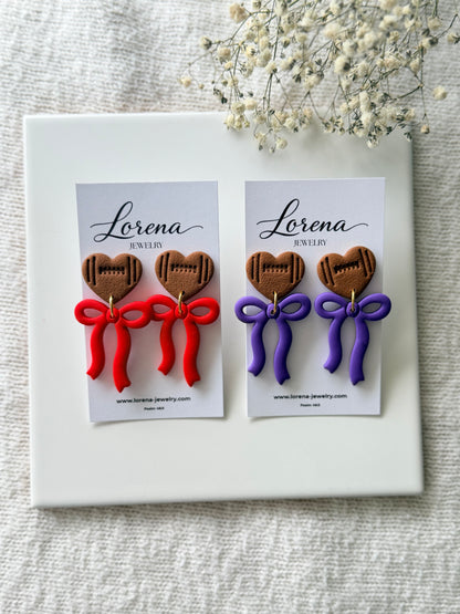 Football Heart With Bow Earrings (Custom Team)